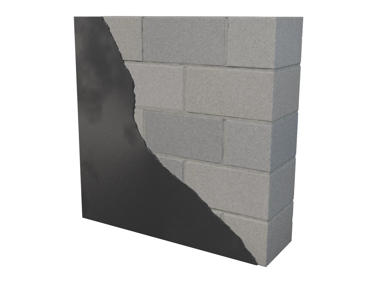 A concrete block wall partly covered with carbon fiber strengthening