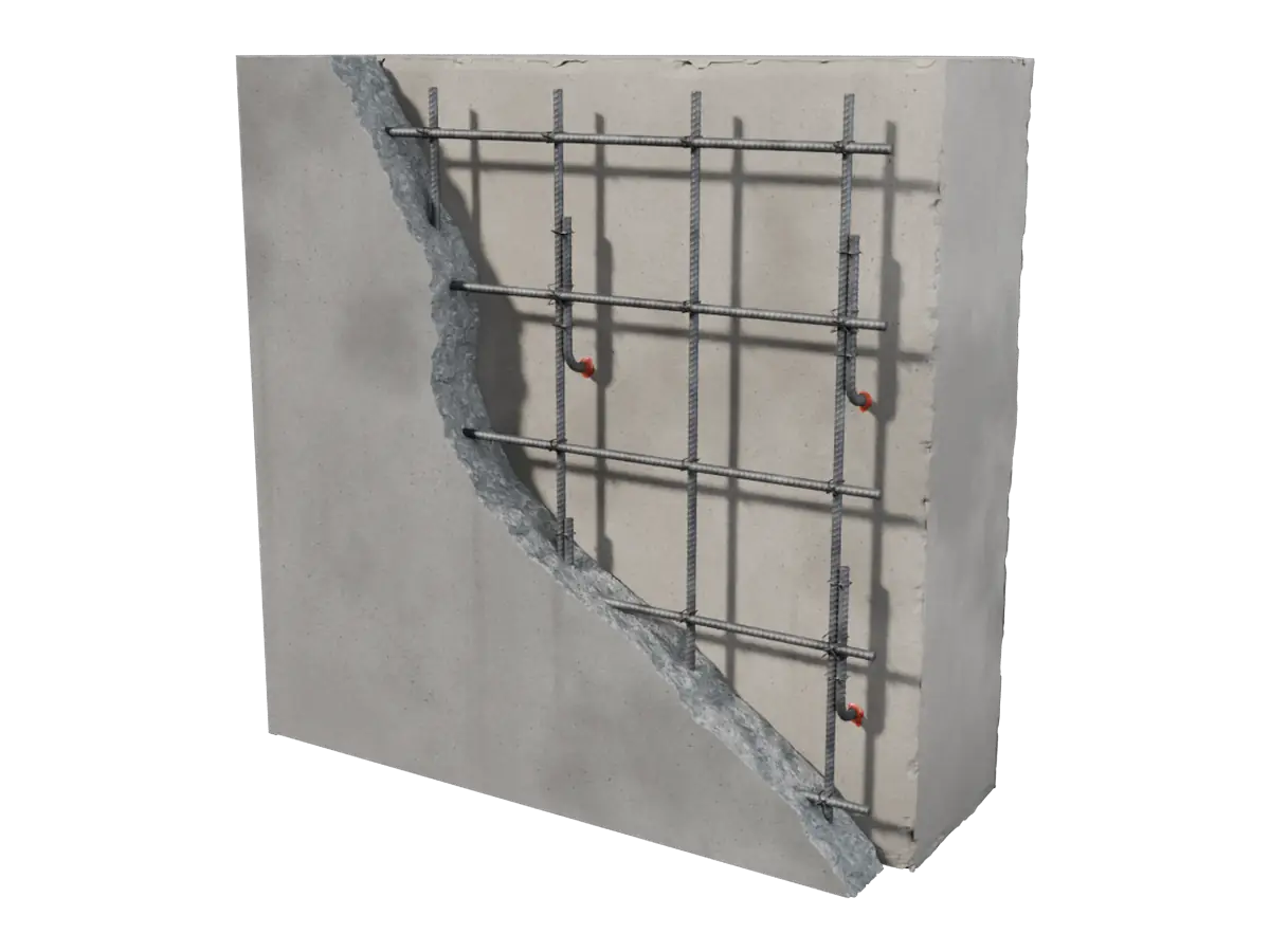 An existing concrete wall with a reinforced concrete overlay, showing the new reinforcement mesh and anchors