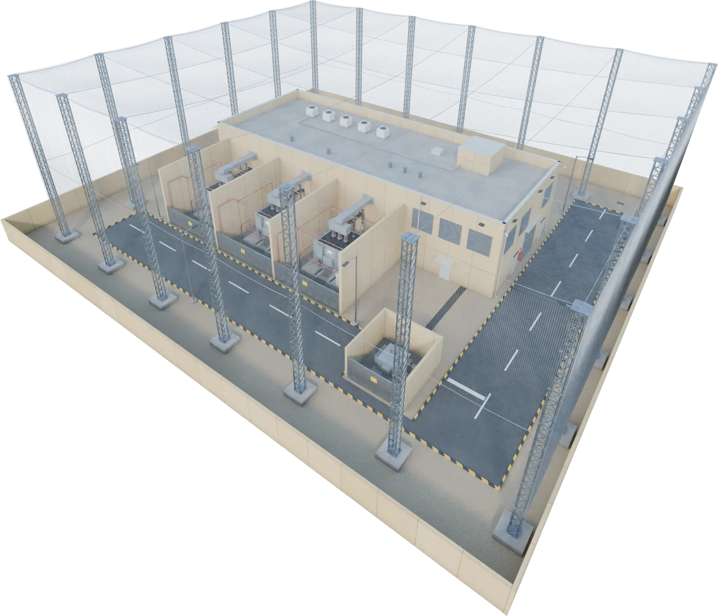Substation with a passive anti-drone mesh system on poles