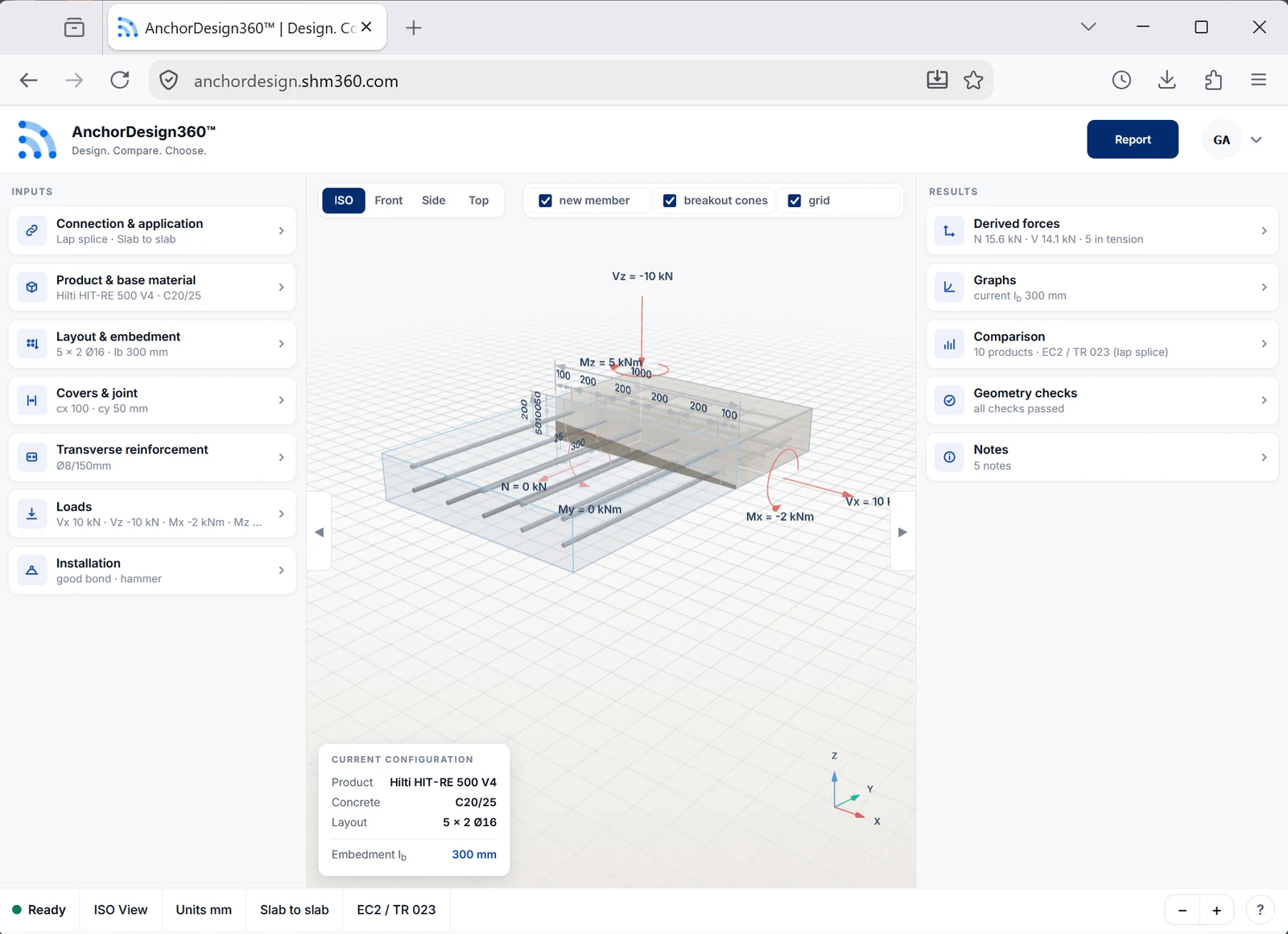 AnchorDesign360™: a slab-to-slab lap splice with Ø16 post-installed bars, checked to EC2 / TR 023 and compared across products from multiple manufacturers