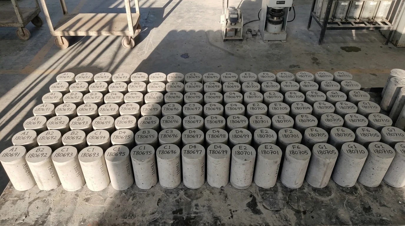 Rows of labelled concrete test cylinders on a laboratory floor, waiting for compression testing