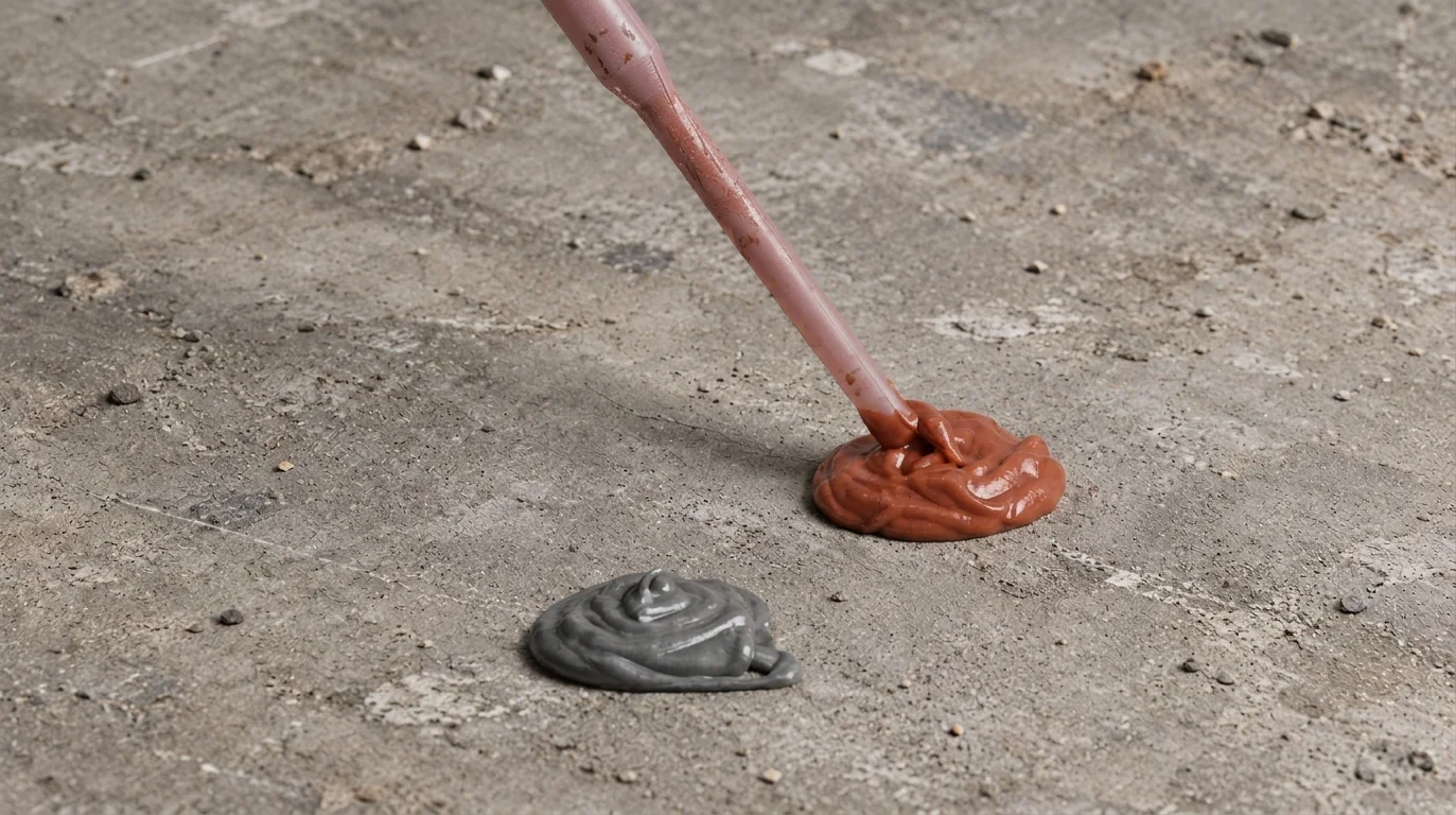 Two beads of injection mortar on a concrete surface, one reddish-brown from a mixer nozzle and one grey, showing the two mortar types side by side