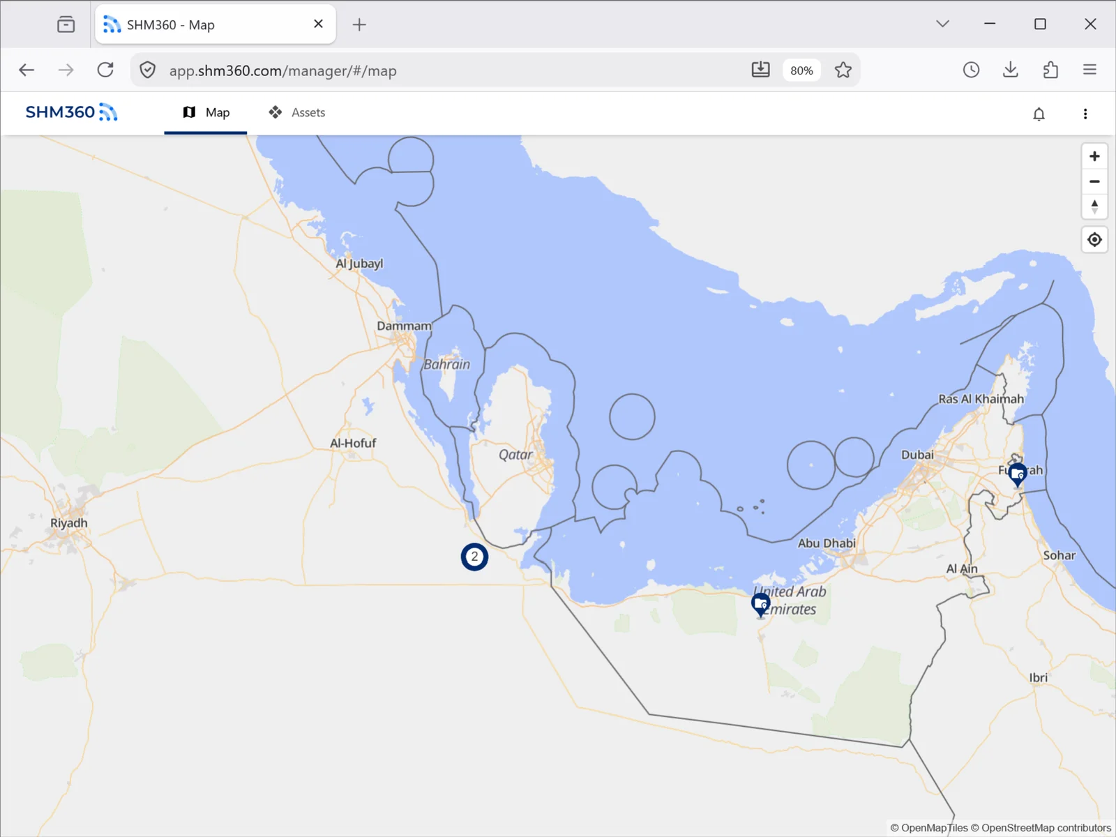 SHM360 dashboard map showing monitored project sites in the UAE and the wider Gulf