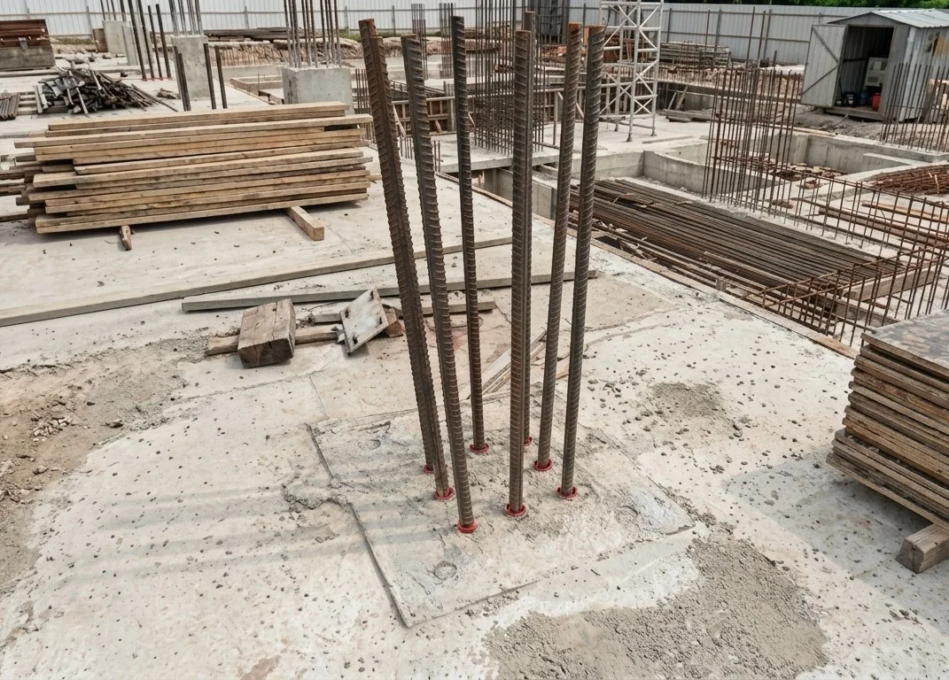 Post-installed starter bars bonded into an existing concrete slab on a construction site, ready for a new column or wall