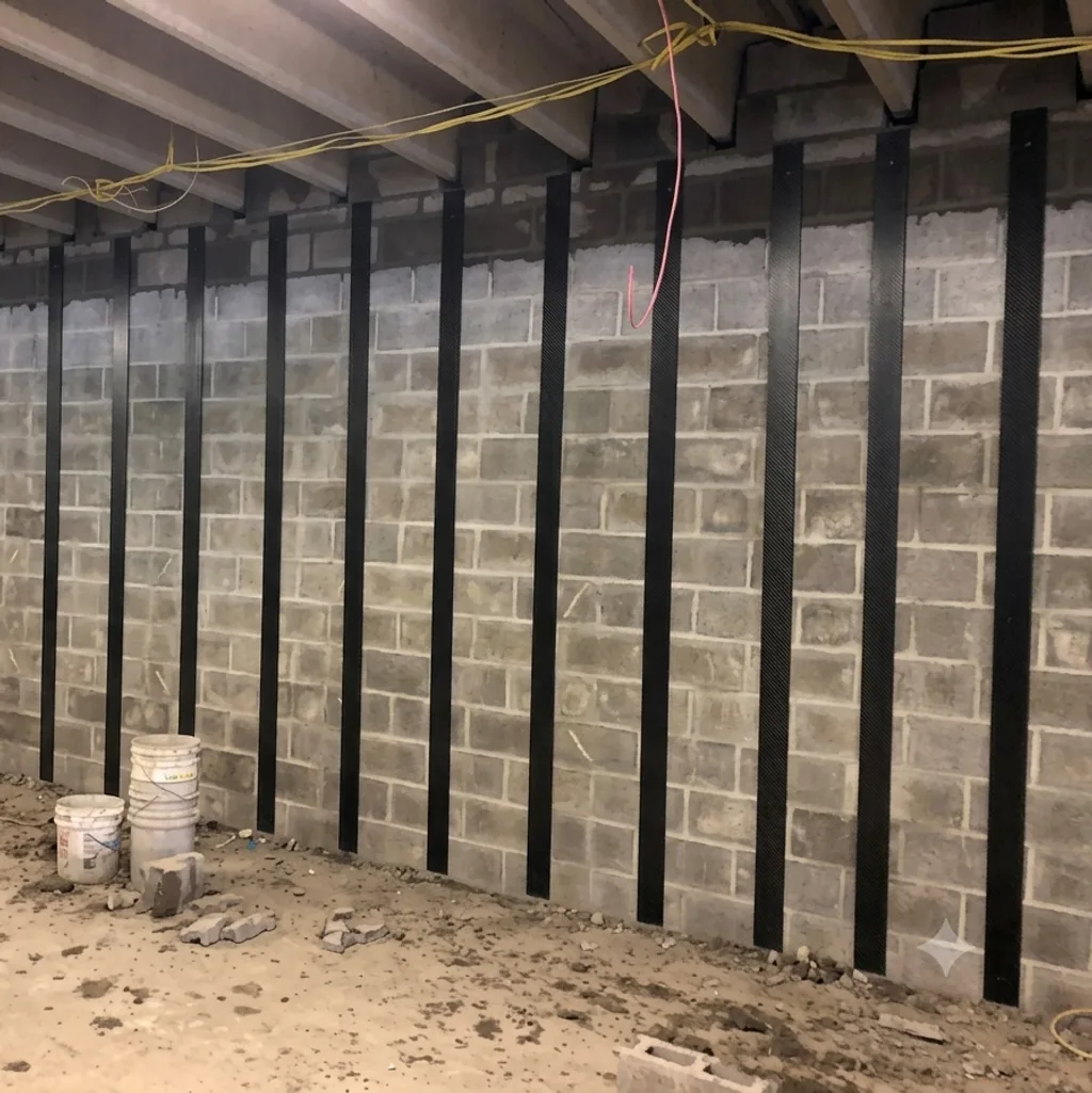 CFRP laminate strips bonded to a masonry wall for structural strengthening