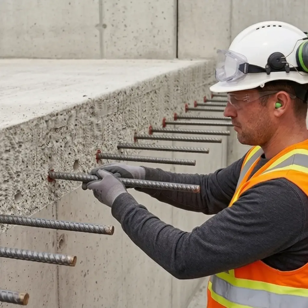 Worker installing post-installed rebar anchors into cured concrete