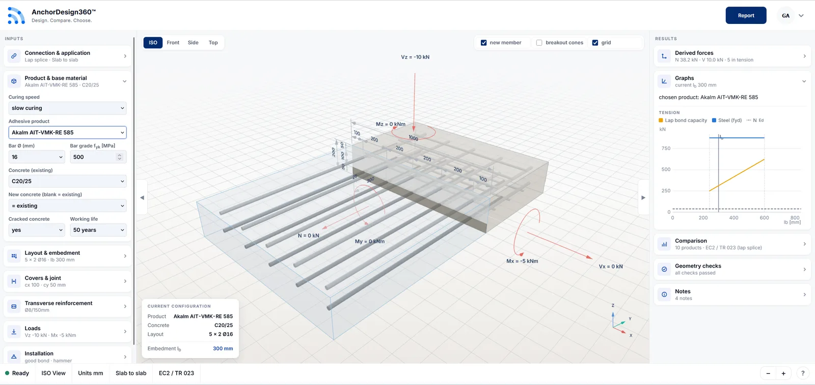 AnchorDesign360™ anchor design software — 3D model, design verification to EN 1992-4, TR 023 and TR 069, and manufacturer comparison.