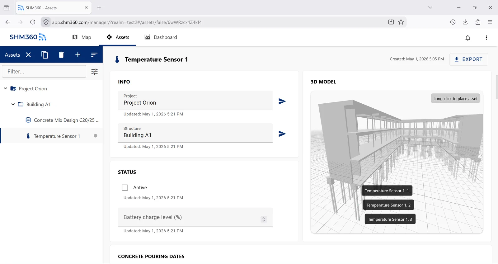 SHM360 Analytics view with project folders, sensor placements, and PDF reports