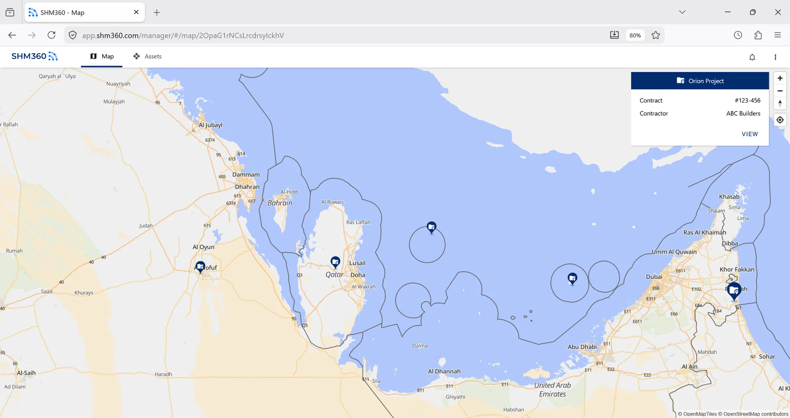 SHM360 dashboard with the live sensor map and threshold alerts