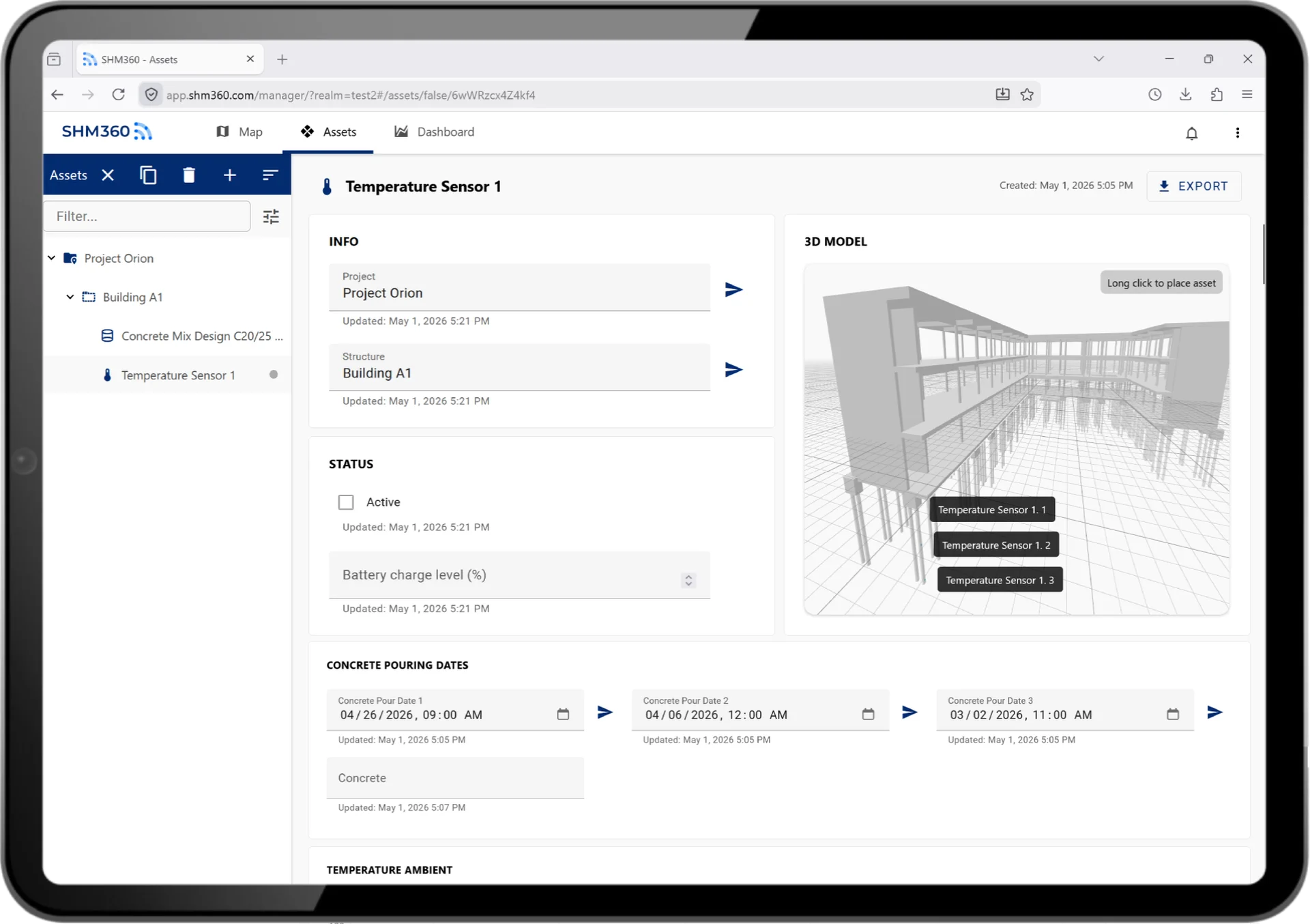 SHM360 dashboard showing live concrete temperature and strength data